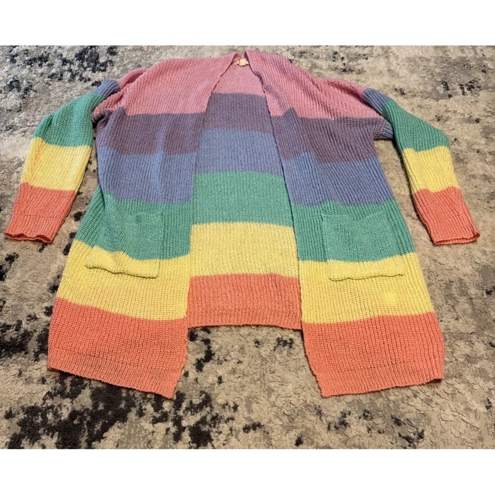 Debut Cardigan Rainbow Pastel Stripe Sweater w/ pockets Womens Sz Small Medium